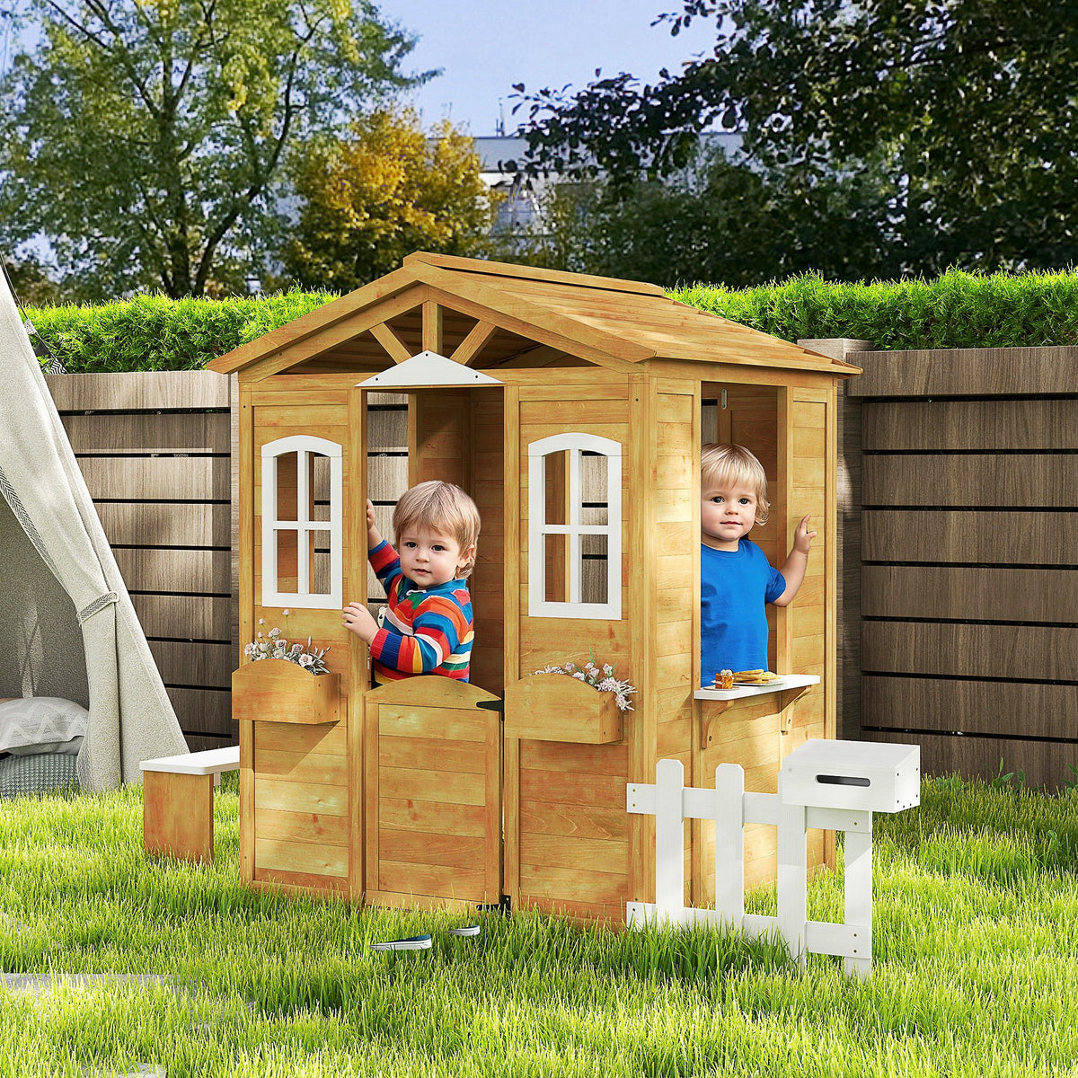 Casa de Madeira para Crianças acima de 3 Anos Casa de Brincar Infantil com Caixa de Correios Banco e Floreira para Interior e Exterior 205x119x140 cm Madeira e Branco — foto 2