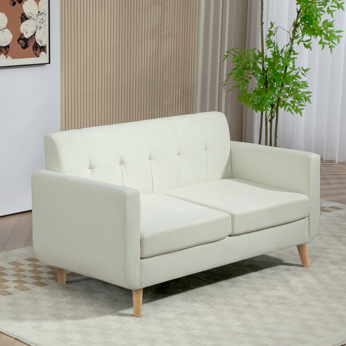 Sofá de 2 Lugares Sofá Estofado em Linho Sintético Sofá Sala de Estar com Apoio para os Braços e Pés de Madeira Sofá Pequeno Carga 250 kg 138,5x70x75 cm Creme — foto 2