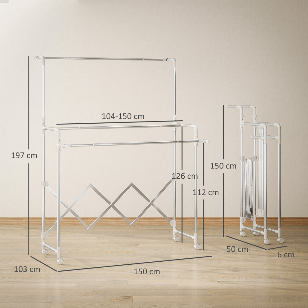 Estendal Vertical Dobrável de 3 Níveis Estendal de Aço Inoxidável com 3 Barras Ajustáveis e Extensíveis 4 Rodas para Interior 104-150x103x145-197 cm Prateado — foto 3