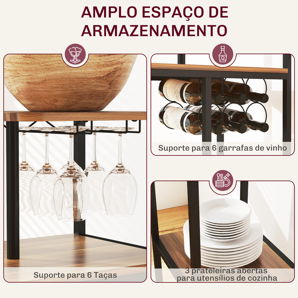 Conjunto de Mesa e Bancos de Bar Mesa Alta de Cozinha com 2 Bancos Laterais Rebatíveis Suporte para Vinhos e Prateleiras Estilo Industrial Castanho e Preto — foto 5