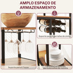 Conjunto de Mesa e Bancos de Bar Mesa Alta de Cozinha com 2 Bancos Laterais Rebatíveis Suporte para Vinhos e Prateleiras Estilo Industrial Castanho e Preto — foto 5