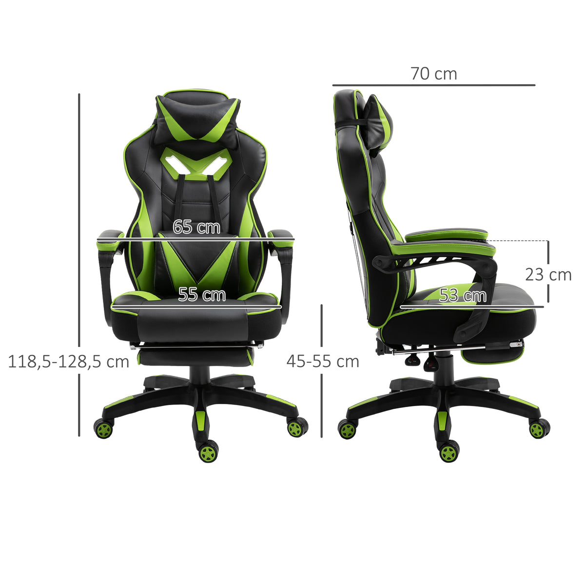 Cadeira de escritorio gaming ergonômica Altura ajustável Reclinável Encosto com apoio para pés Encosto de cabeça Almofada lombar Rodas 65x70x118,5-126,5 cm Verde e Preto — foto 3