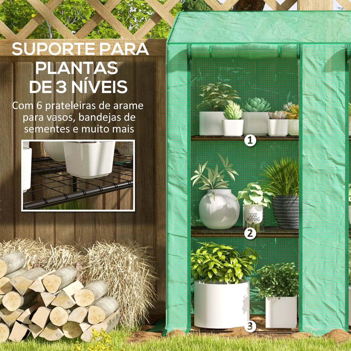 Estufa de Jardim de 3 Níveis Estufa de Terraço com Prateleiras Teto Inclinado e 2 Portas com Fecho de Correr para Cultivo de Plantas em Pátio 143x46x141/151 cm Verde — foto 5
