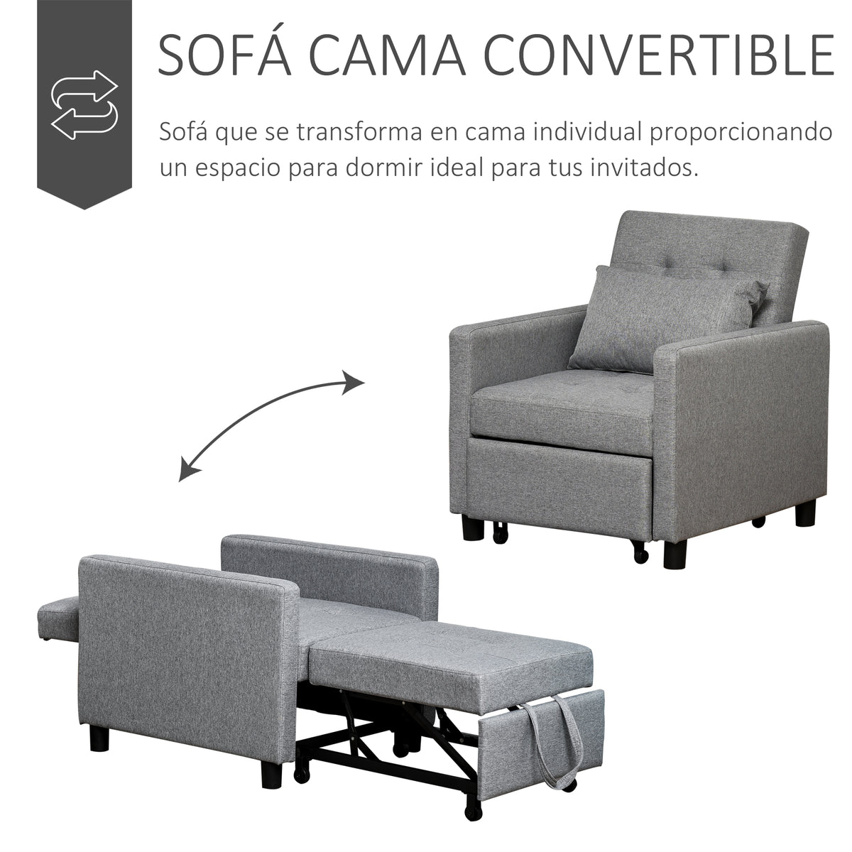 Sofá-cama Individual Poltrona com encosto reclinável Almofada removível Assento acolchoado e 4 rodas 69x77x84 cm Cinza — foto 5