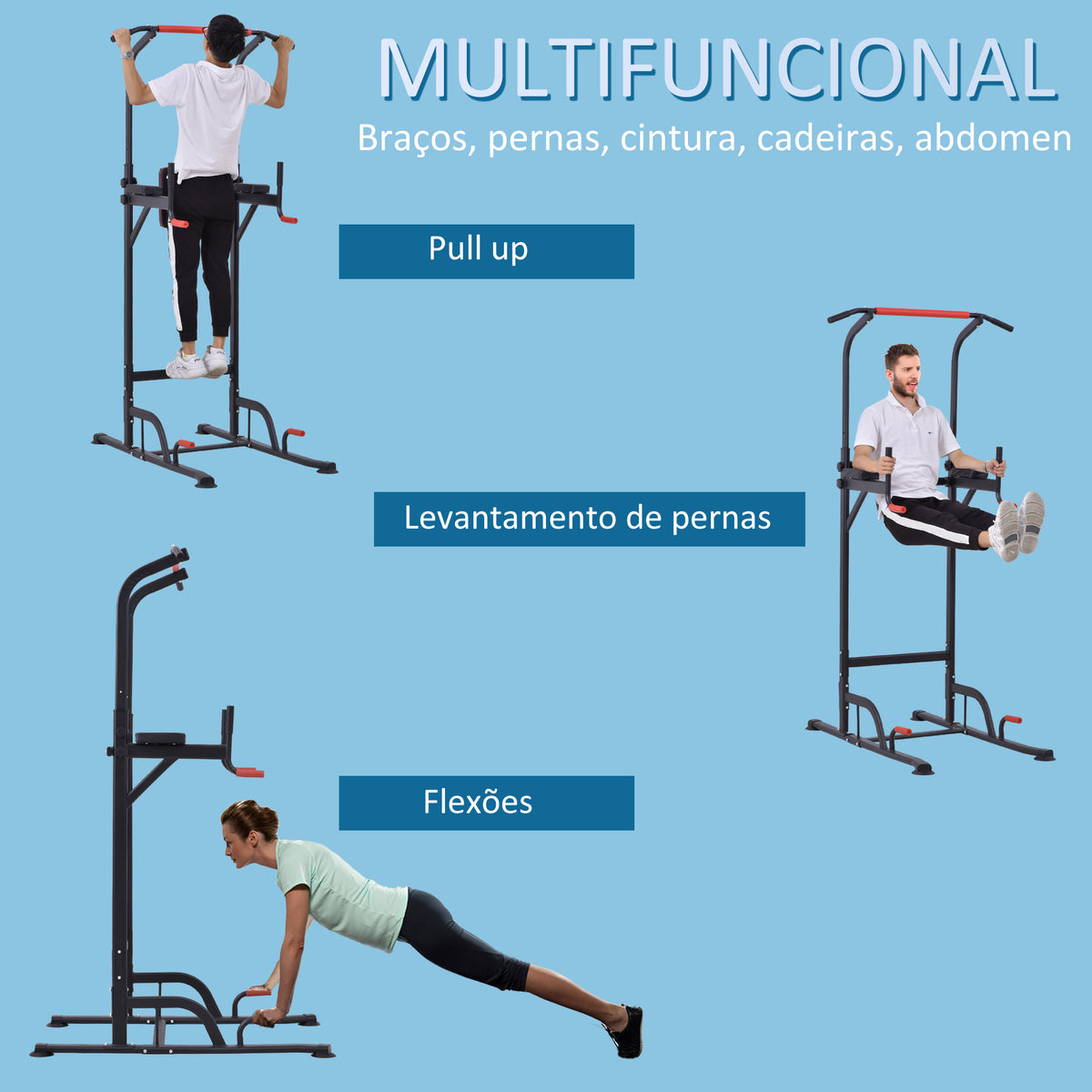 Torre de Exercícios Estação Multifuncional Altura Ajustável com 7 Orifícios para Treinamento Fitness para Casa Academia Escritório Carga Máxima 120kg 123x98x189-239cm Preto e Vermelho — foto 4