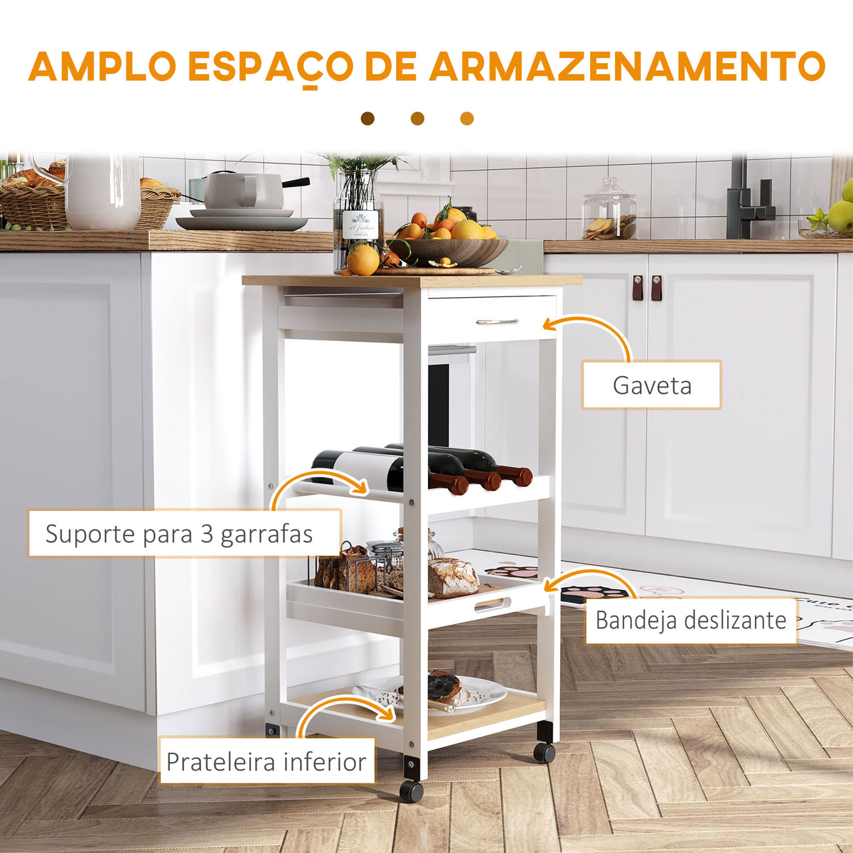 Carrinho de cozinha Carrinho de serviço de 4 níveis com rodas giratórias Gaveta Prateleiras Garrafeira Armazenamento De Cozinha Sala de estar Sala de jantar 37x37x76 cm Branco — foto 4