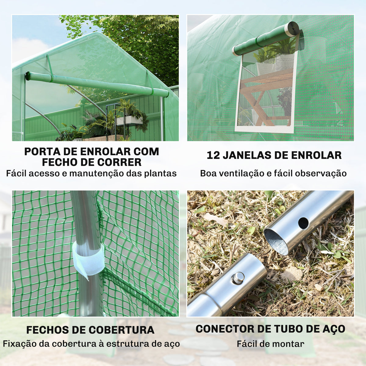 Estufa Tipo Túnel 800x300x200cm com 12 Janelas e Porta Enrolável Cobertura de PE 140g/m² e Aço Teto Pontiagudo para Cultivo de Plantas Verduras Verde — foto 5