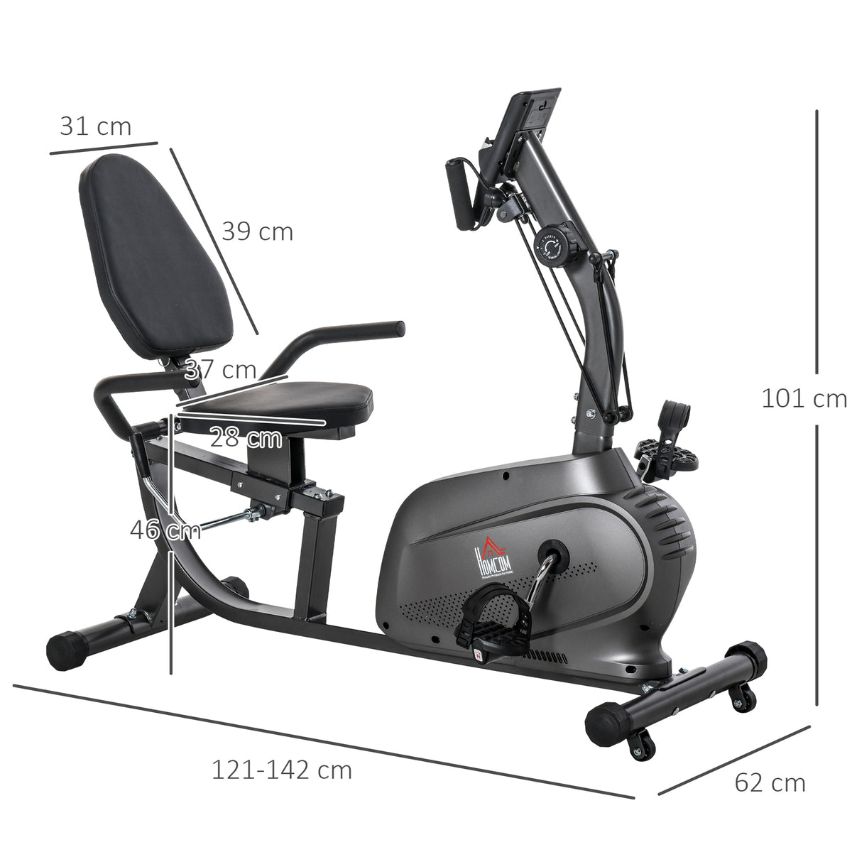 Bicicleta Estática com Encosto 8 Níveis de Resistência Bicicleta Estática Reclinada com Banco Ajustável Ecrã LCD e Suporte para Telemóvel para Treinos de Recuperação 121-142x62x101 cm Preto — foto 3