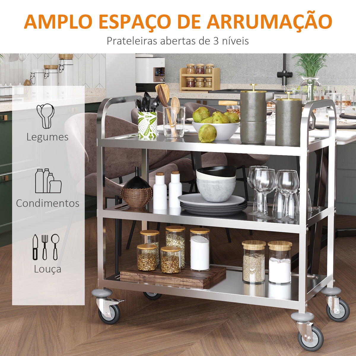 Carrinho de Cozinha Polivalente Carrinho de Apoio com Rodinhas, Prateleiras Ilha de Cozinha 3 Níveis de Carga 50kg Aço Inoxidável — foto 4