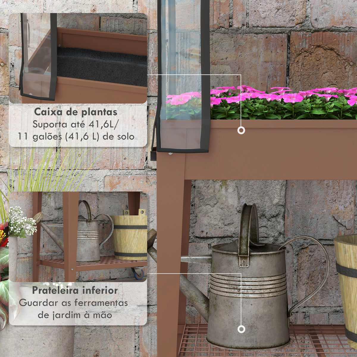 Horta Urbana Elevada com Rodas, Mesa de Cultivo com Cobertura de Estufa e Prateleira Inferior para Cultivo, Plantas, Flores e Vegetais, 80x40x120 cm, Castanho — foto 5