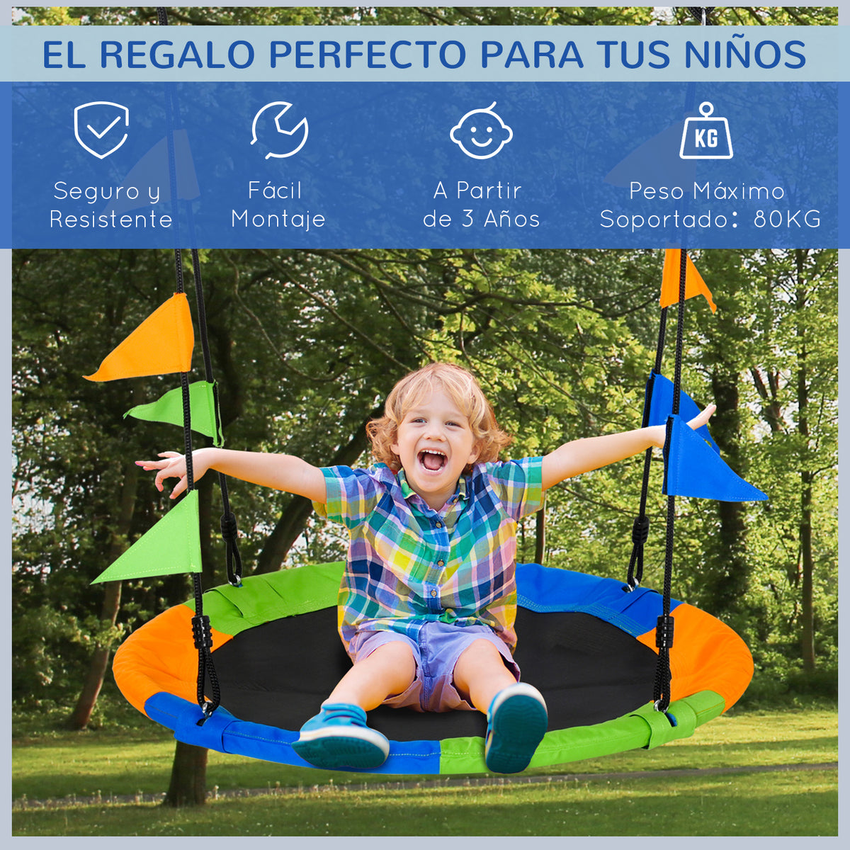 Baloiço de Jardim com Altura Ajustável com Cordas e Bandeiras para Crianças e Adultos Carga 80 kg Interior e Exterior Ø100x180 cm Multicolor — foto 4