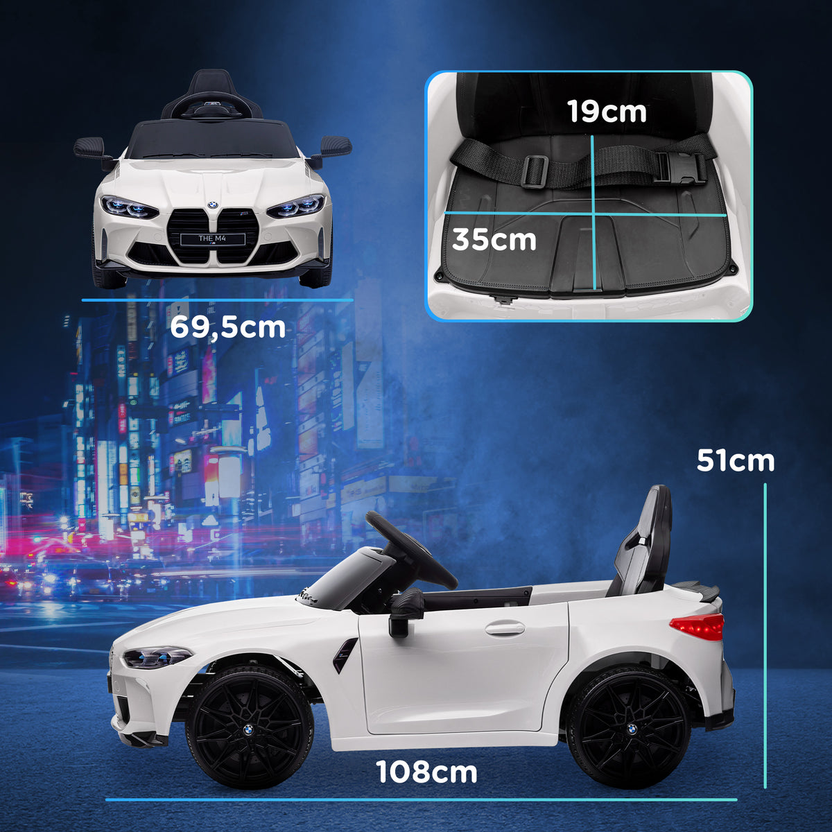 Carro Elétrico para Crianças BMW M4 Veículo Elétrico para Crianças 12V com Controlo Remoto Faróis Buzina Música Velocidade 3-5 km/h Cinto de Segurança Branco — foto 3