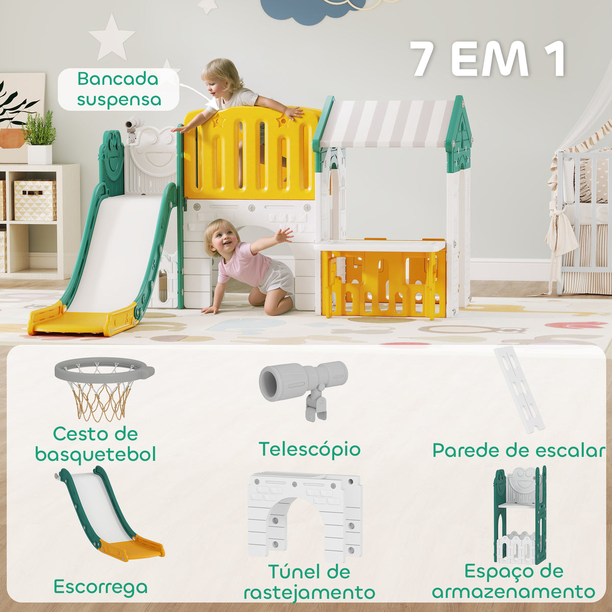 Escorrega Infantil 7 em 1 com Casinha para Crianças Escorrega com Escada Aro de Basquetebol Túnel Quadro Telescópio para Interior 189x180x111 cm Amarelo e Verde — foto 4