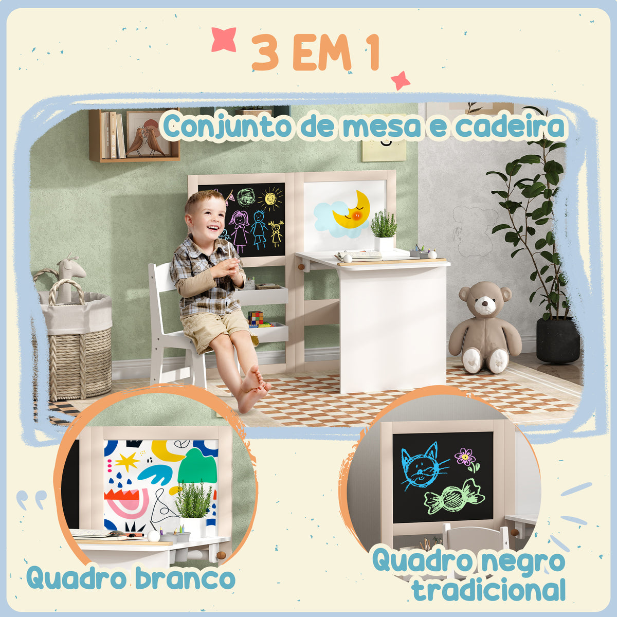 Mesa e Cadeira Infantil de 2 Peças Mesa para Crianças com Cadeira Ardósias Dobrável Mesa para Crianças acima de 3 Anos com Prateleiras Rolo de Papel para Dormitório Sala de Jogos Branco — foto 4