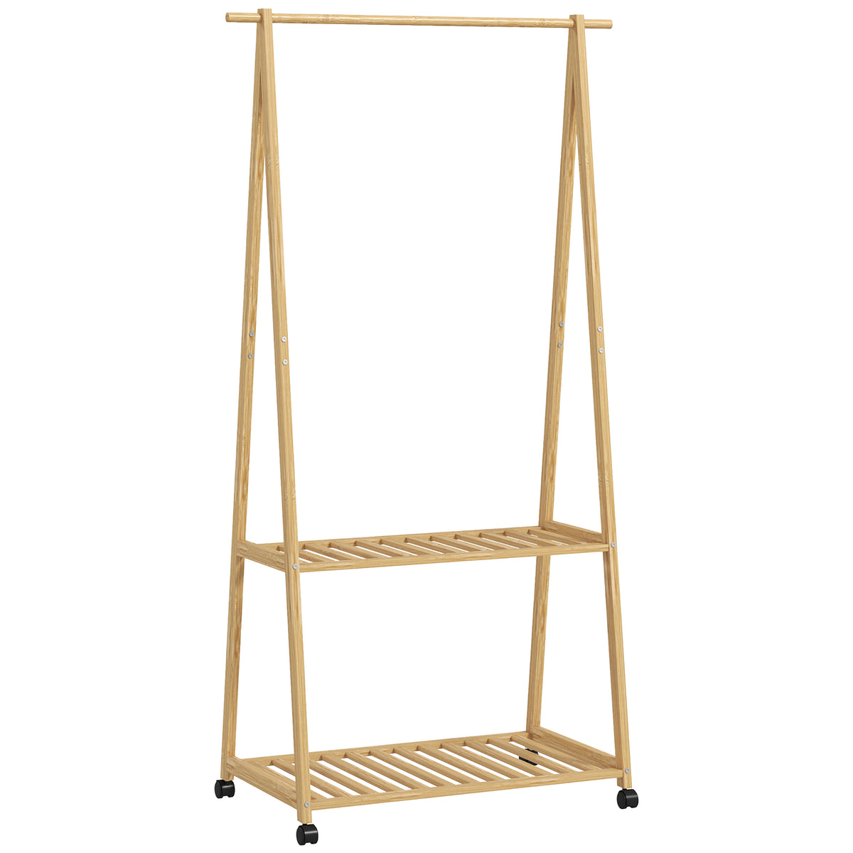 Charriot de Bambu para Roupa Charriot para Roupa com Rodas 2 Prateleiras Abertas e 2 Ganchos para Entrada Corredor Dormitório 84,5x43,5x158 cm Madeira — foto 1