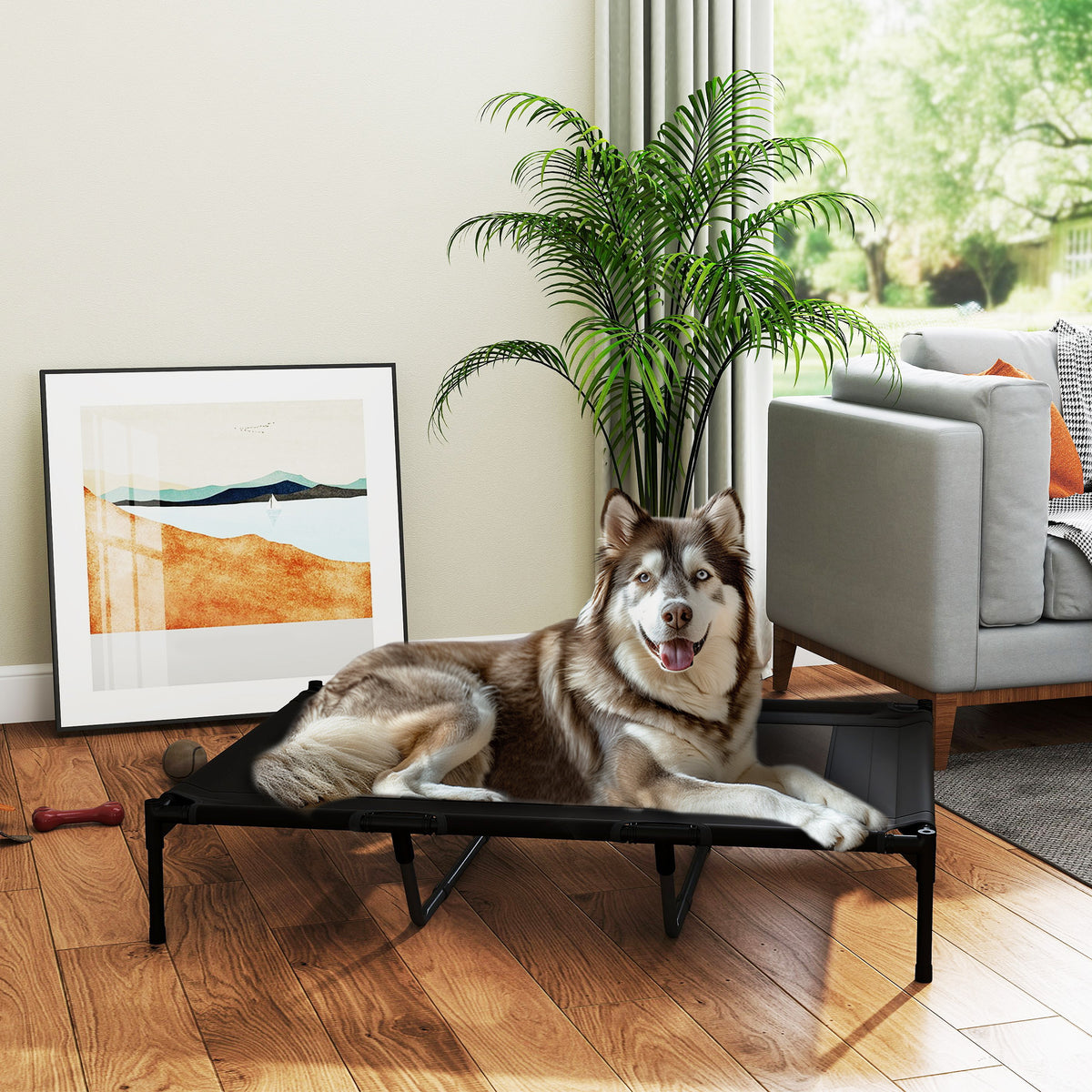 Cama para Animais de Estimação Cama Elevada para Cães Gatos com Tecido Transpirável para Dormir Relaxar Exterior Jardim Terraço 122x92x23 cm Preto — foto 2