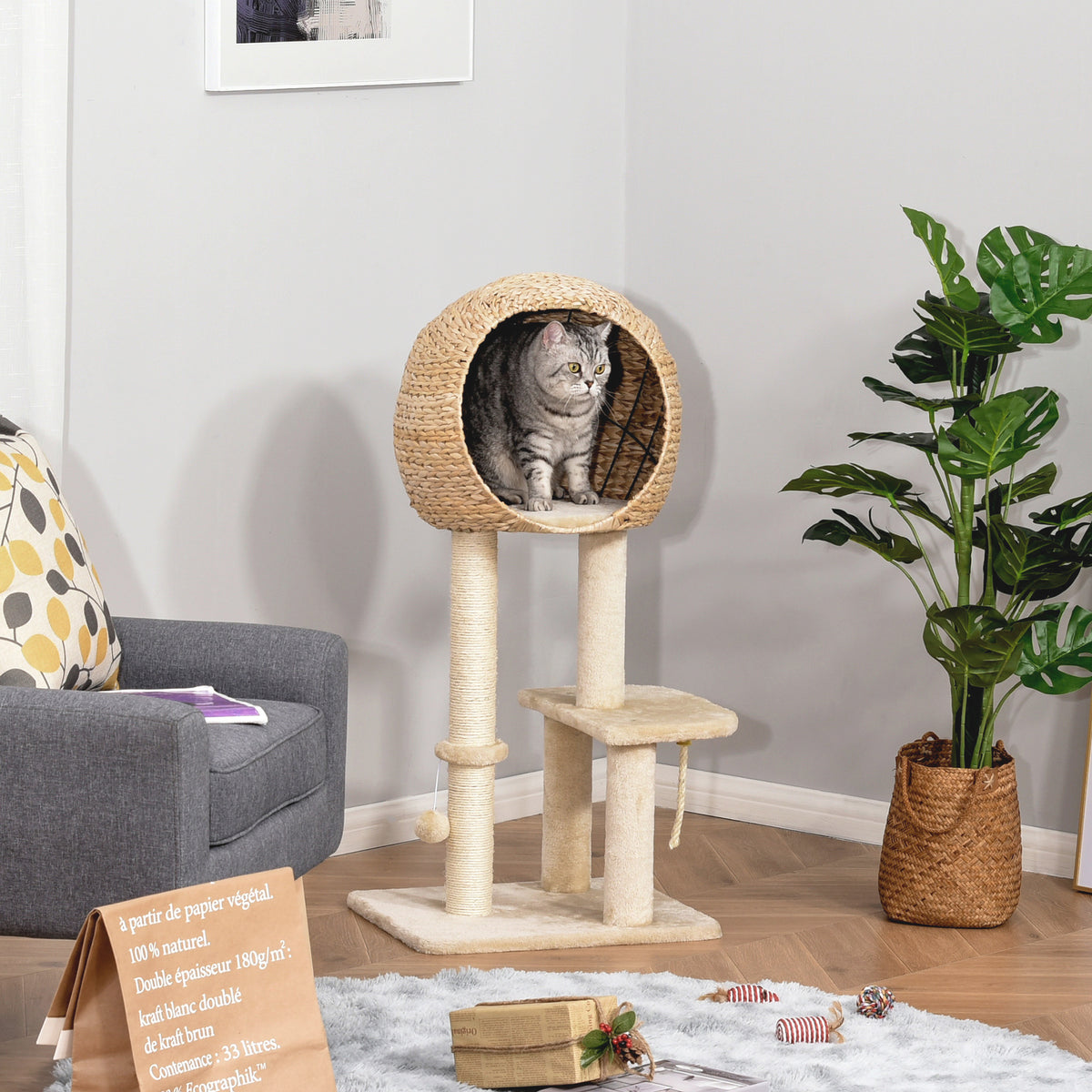 Árvore arranhador para gatos Torre de escalada com plataformas caverna corda de brincar poste de sisal 48x40x100 cm Bege — foto 2