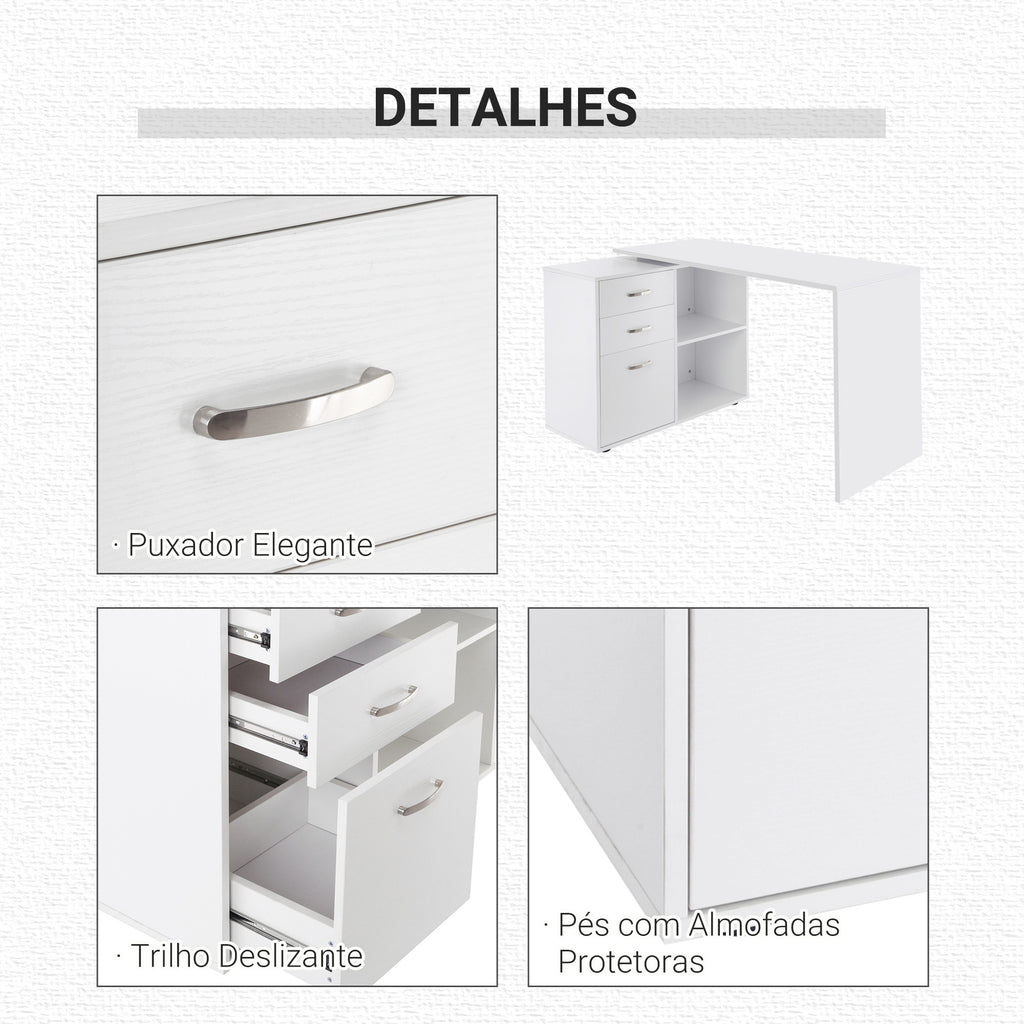 Secretária de Canto Secretária com 2 Formas de Utilização com 2 Prateleiras Abertas e 3 Gavetas para Escritório Casa Estúdio Branco — foto 6