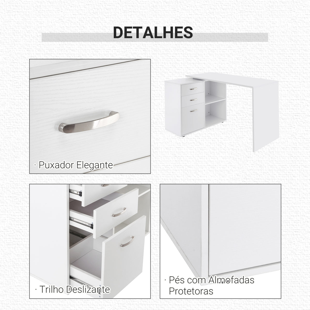 Secretária de Canto Secretária com 2 Formas de Utilização com 2 Prateleiras Abertas e 3 Gavetas para Escritório Casa Estúdio Branco — foto 6