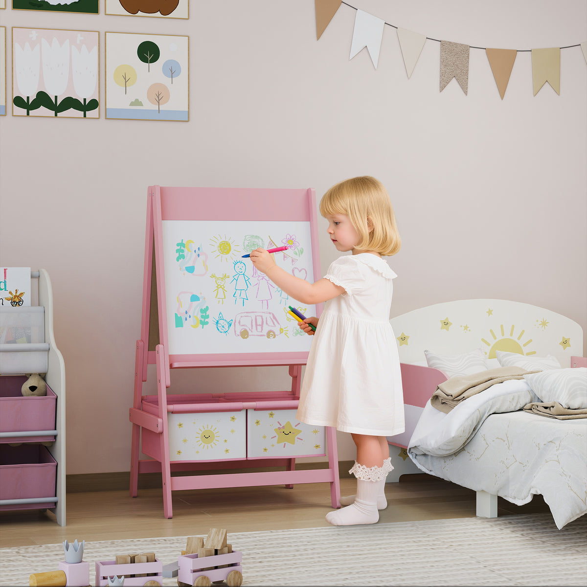 Cavalete de Pintura para Crianças 3 em 1 Quadro Infantil de Dupla Face para Crianças acima de 3 Anos com Rolo de Papel e Cestos de Arrumação 54x46x94 cm Rosa — foto 2