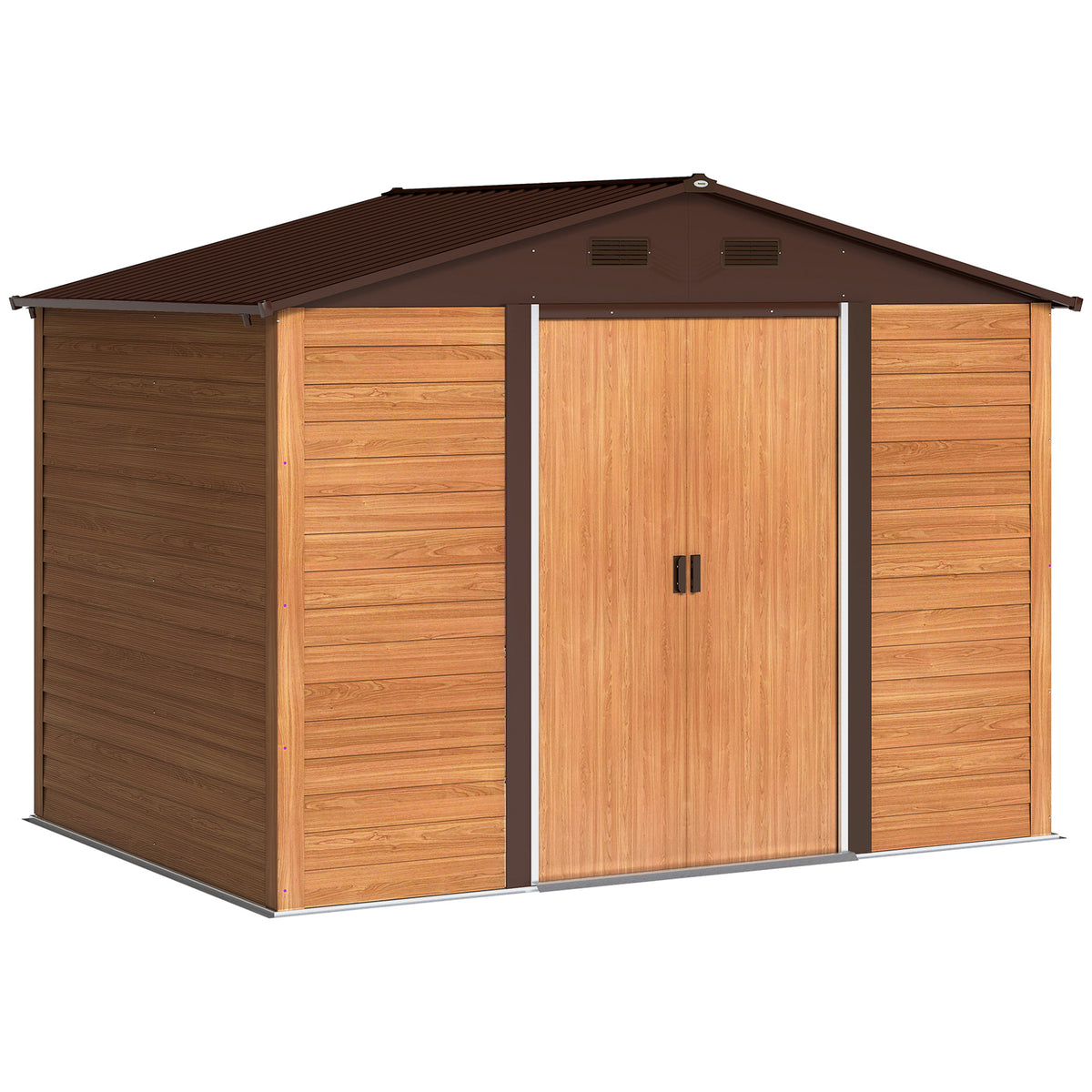 Abrigo de Jardim Exterior 4,84m² 278x195x215 cm Abrigo de Jardim Metálico com 2 Portas de Correr e 4 Janelas de Ventilação para Armazenamento de Ferramentas Madeira e Marrom — foto 1