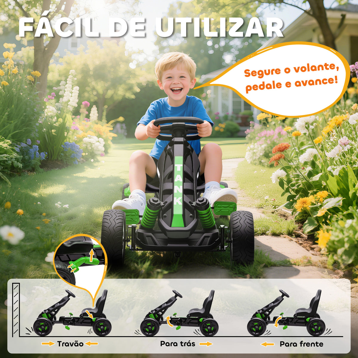 Kart a Pedais para Crianças a Partir dos 3 Anos Kart com Embraiagem Automática Travão Rodas Antiderrapantes em EVA e Estrutura Metálica Carga 50 kg 100x59x60,5 cm Verde — foto 5