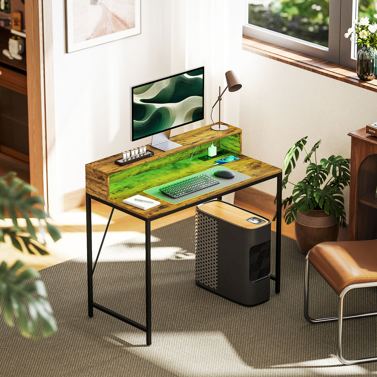Secretária Estilo Industrial Mesa de Escritório com Luzes LED Tomadas de Corrente Suporte para Monitor e Controlo Remoto Secretária para Computador 100x50x90,5 cm Marrom Rústico — foto 2