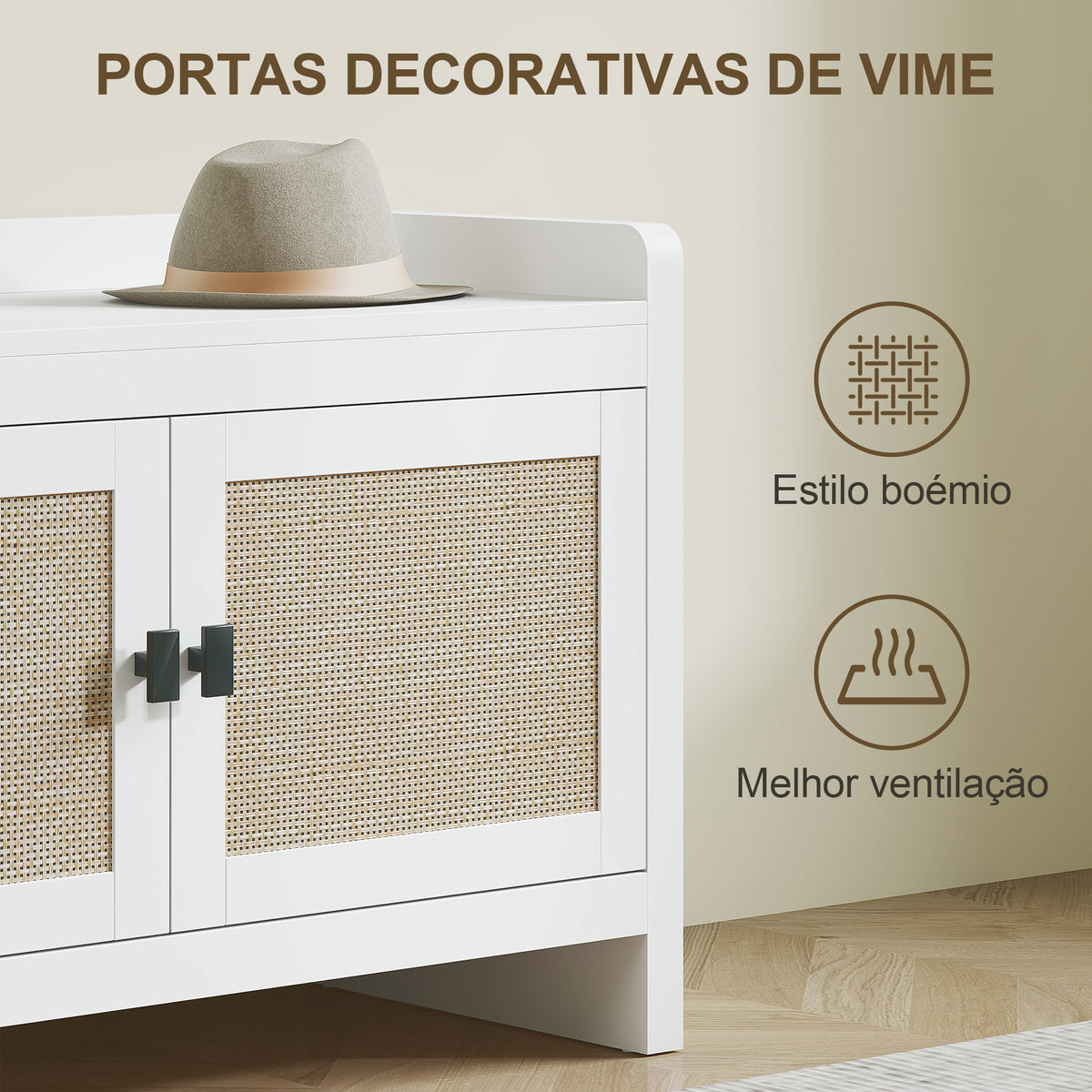 Banco Sapateira Móvel Sapateira Banco de Entrada com Portas Frentes de Vime Prateleira para 8 Pares de Sapatos para Entrada Dormitório 80x35x52 cm Branco — foto 4