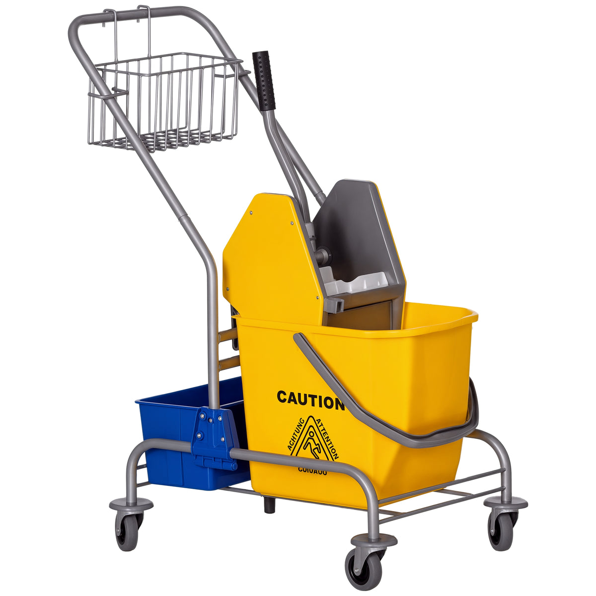 Carro de Limpeza Profissional Balde de Esfregona com Rodas Balde Removível de 25 Litros Espremedor de Pressão Cesto e Cubeta 72x49,5x95 cm Amarelo — foto 1