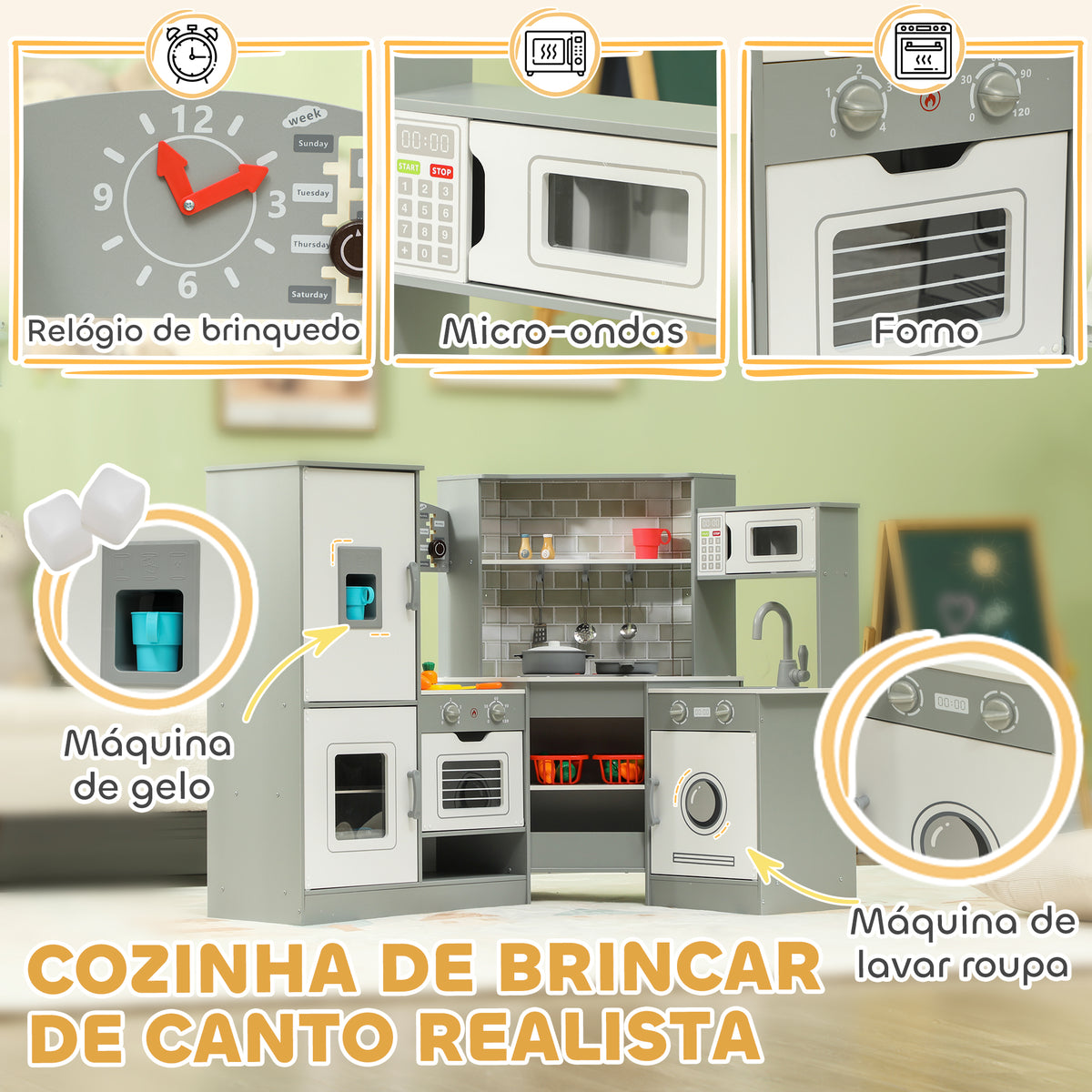 Cozinha de Madeira para Crianças acima de 3 Anos Cozinha de Brincar Infantil com Sons Fogão Forno Lavatório Micro-Ondas Máquina de Gelo e Acessórios 110x80x91 cm Cinza — foto 5