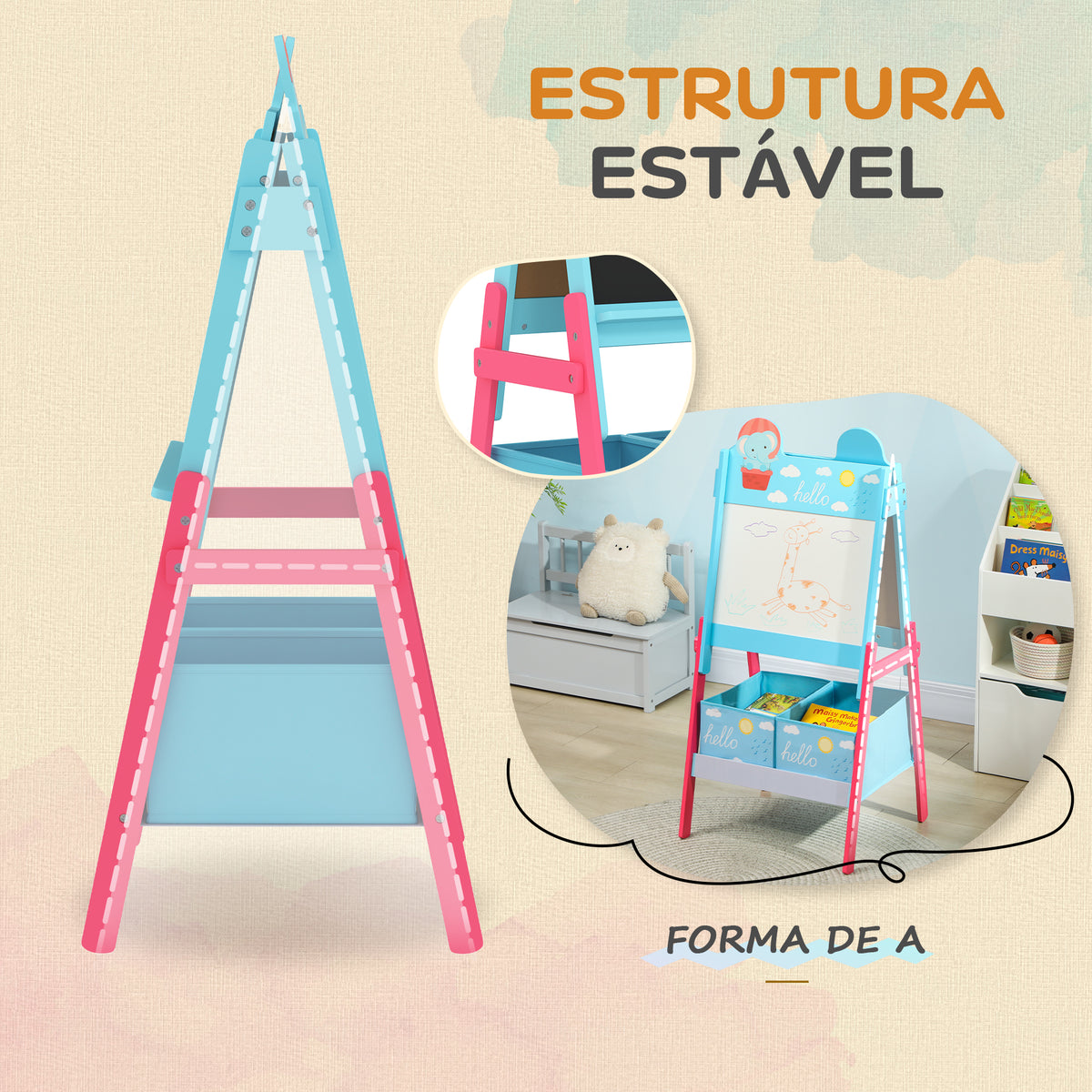 Cavalete para Crianças 2 em 1 Arsósia Infantil com Dupla Face 2 Caixas de Arrumação Cavalete de Pintura para Crianças com Estampa em Animais 53,5x49x113 cm Azul — foto 7