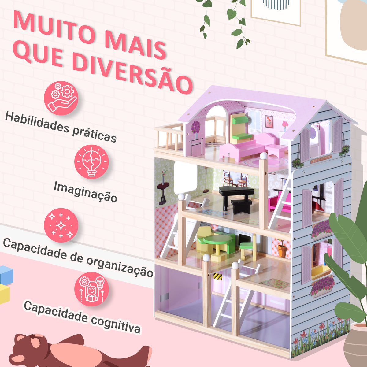 Casa de Bonecas com Móveis e 4 Andares Casa de Bonecas com 13 Acessórios Brinquedo de Imitação 60,5x30x80,5cm Rosa — foto 5