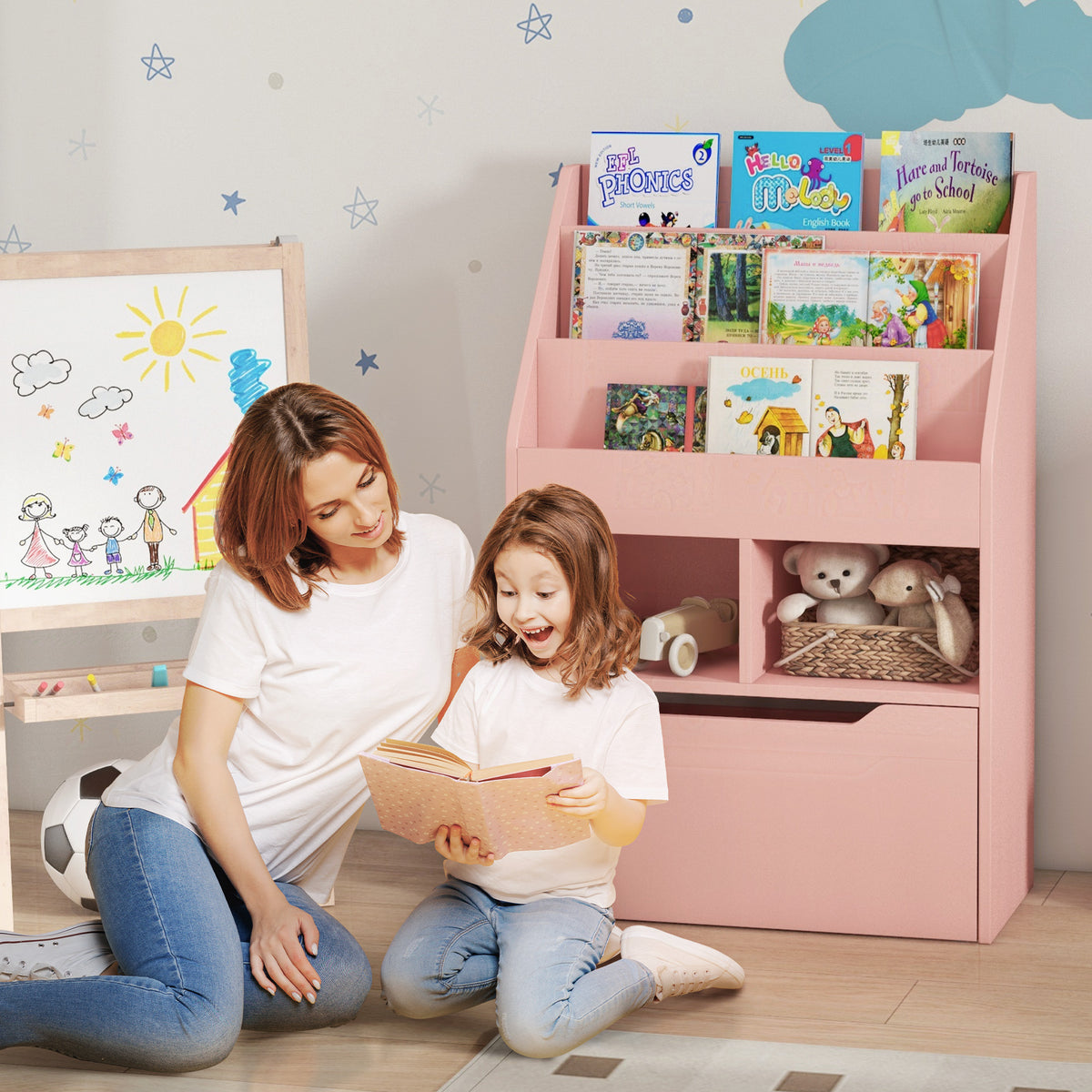 Estante de Madeira para Brinquedos com 3 Compartimentos 2 Prateleiras e Gaveta Móvel com 4 Rodas Estante para Livros Infantil para Dormitório Infantil Sala de Jogos 60x29,9x90 cm Rosa — foto 2