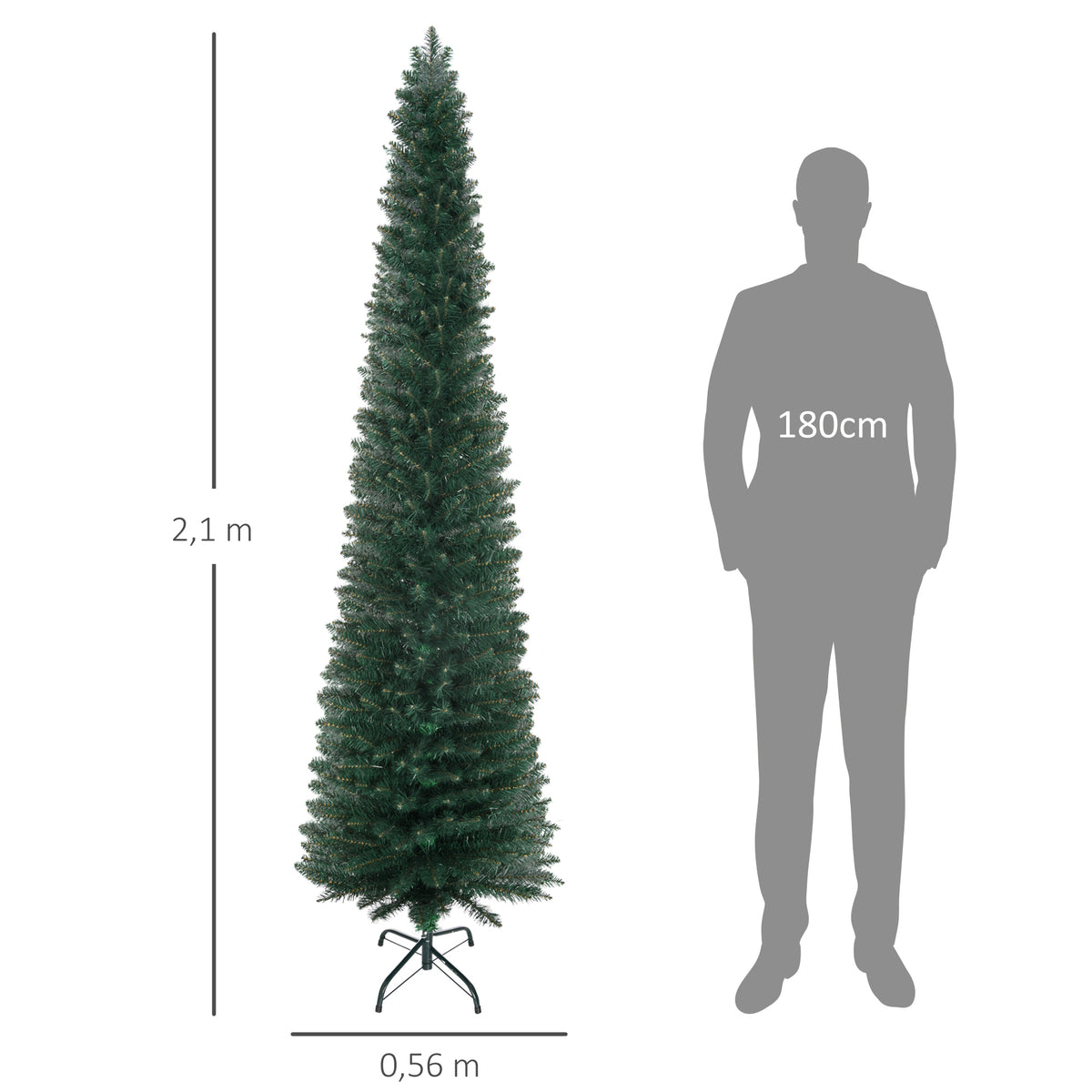 Árvore de Natal Artificial Altura 210 cm com 510 Ramos de Folhas de PVC Ignífugos Base Dobrável e Suporte Metálico Decoração de Natal para Interiores Ø56x210 cm Verde — foto 3