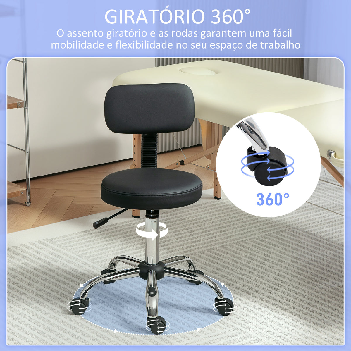 Banco Giratório Banco com Rodas e Encosto Banco de Trabalho com Altura Ajustável 78-93 cm Assento Estofado em Couro Sintético Preto — foto 5