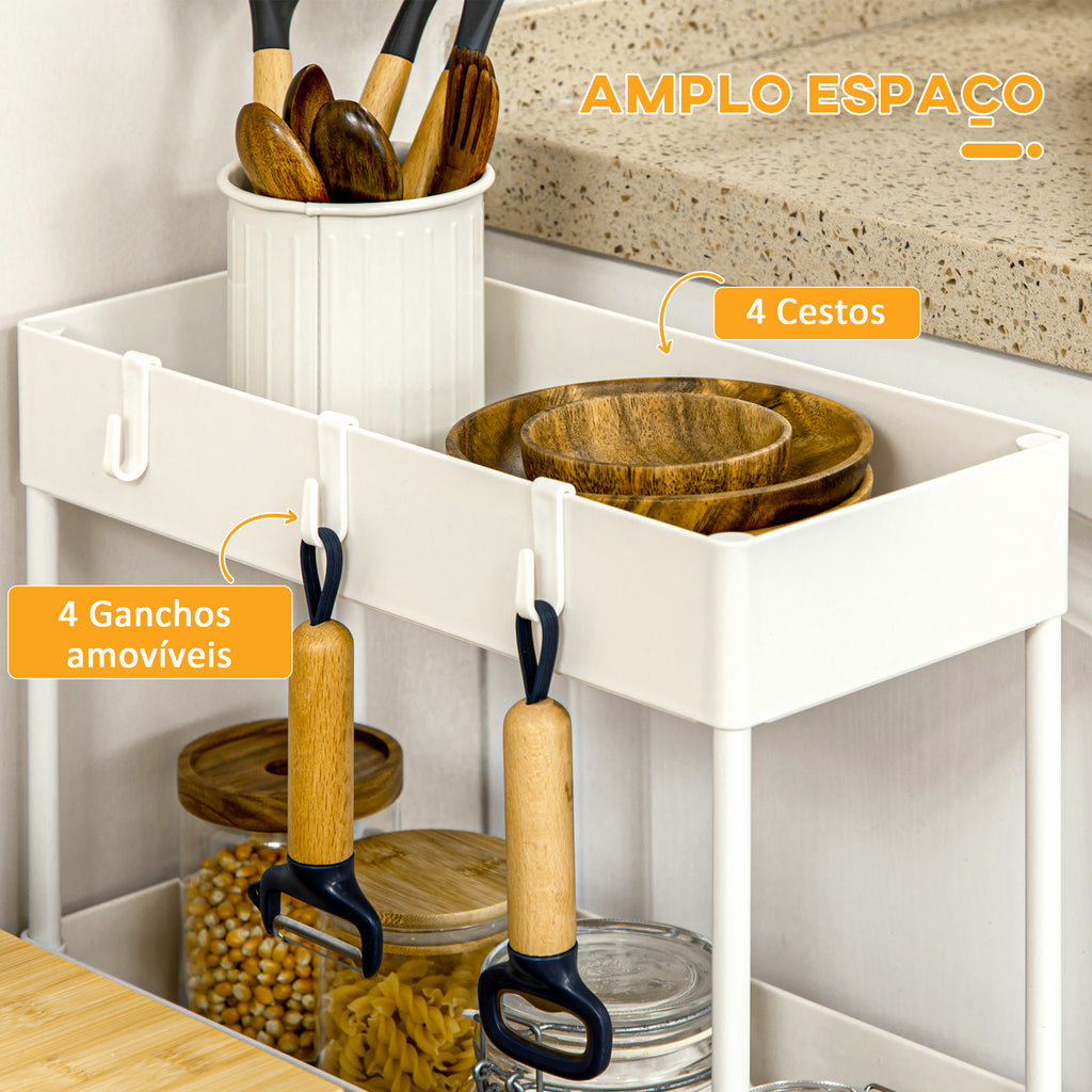 Carrinho Auxiliar com Rodas Carrinho de Armazenamento com 4 Cestas e 4 Ganchos Amovíveis para Cozinha Casa de Banho Sala de Estar 40x19x90 cm Branco — foto 4