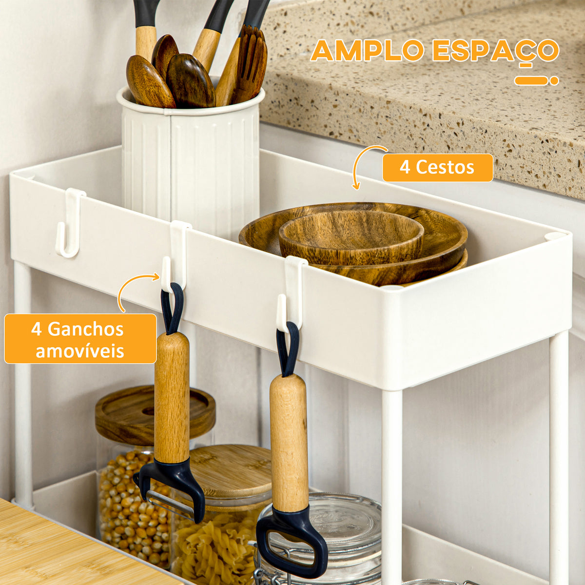 Carrinho Auxiliar com Rodas Carrinho de Armazenamento com 4 Cestas e 4 Ganchos Amovíveis para Cozinha Casa de Banho Sala de Estar 40x19x90 cm Branco — foto 4