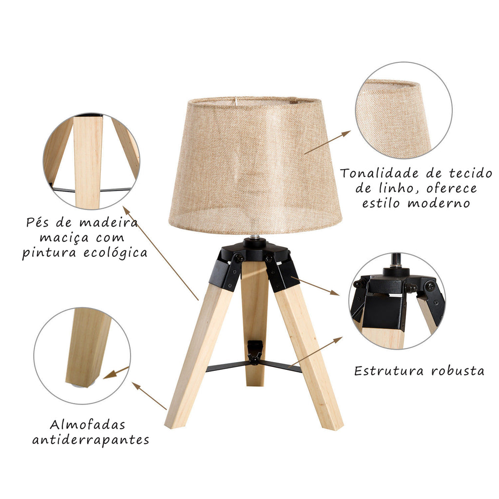 Candeeiro de Mesa Moderno e Original com Base de Tripé e Tela de Tecido de Linho para Dormitório ou Sala de Estar Lâmpada E27 Máx. 40W 24x24x45cm Creme e madeira — foto 5