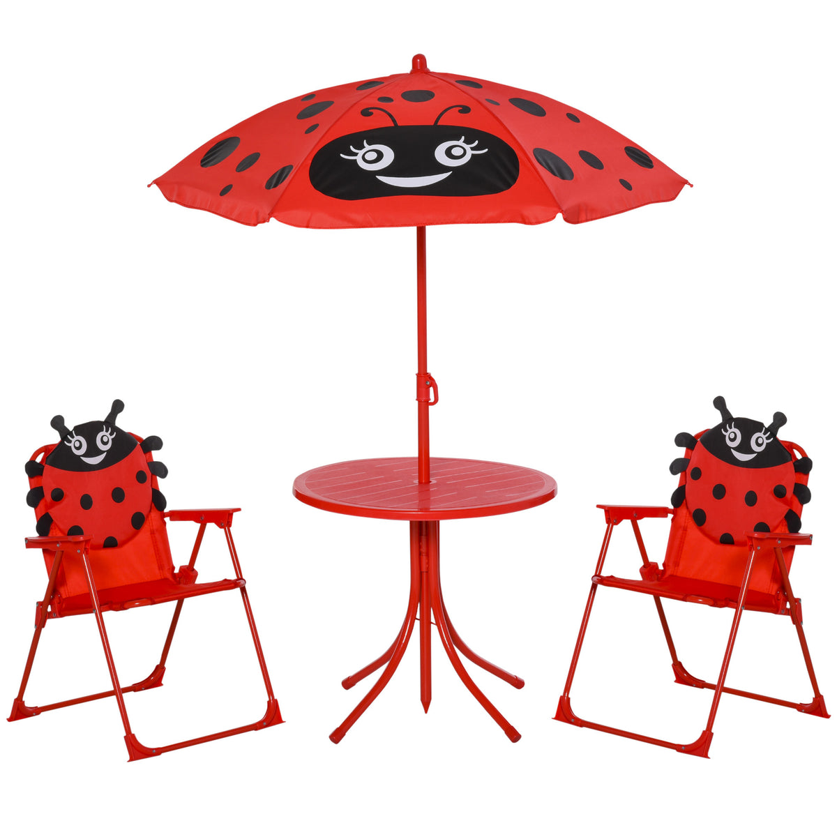 Conjunto de Mesa e Cadeira de Jardim Conjunto de Picnic Dobrável para Crianças Conjunto de Mesa com Chapéu de Sol com Altura Ajustável 100-125cm Desenho de Joaninha Vermelho — foto 1