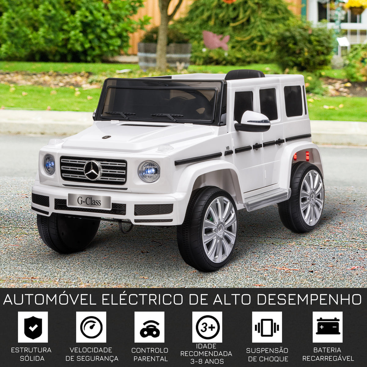 Carro Elétrico para Crianças acima de 3 Anos BENZ G500 Todo-o-Terreno com Bateria 12V Veículo Elétrico com Controlo Remoto Música Buzina Velocidade 3-5 km/h Carga 30 kg Branco — foto 4