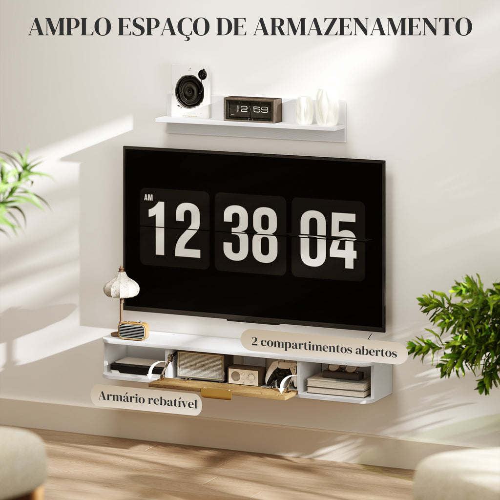 Conjunto de Móveis de Sala, Móvel de TV com Prateleira de Parede, Porta, Prateleiras Abertas, Orifícios para Cabos, para Televisão de Parede, 120x24x16 cm, Branco — foto 5