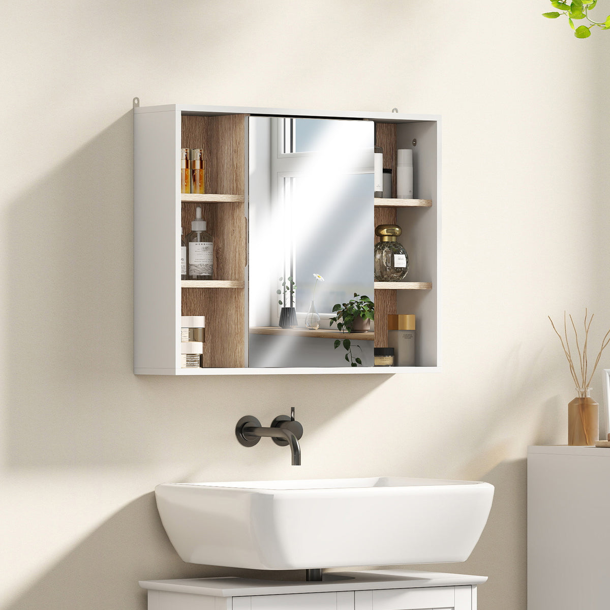 Armário de Espelho com Espaço Interno com Prateleiras Ajustáveis ​​Armário de Banheiro com Prateleiras Abertas 60x14.5x49.4 cm Branco e Carvalho — foto 7