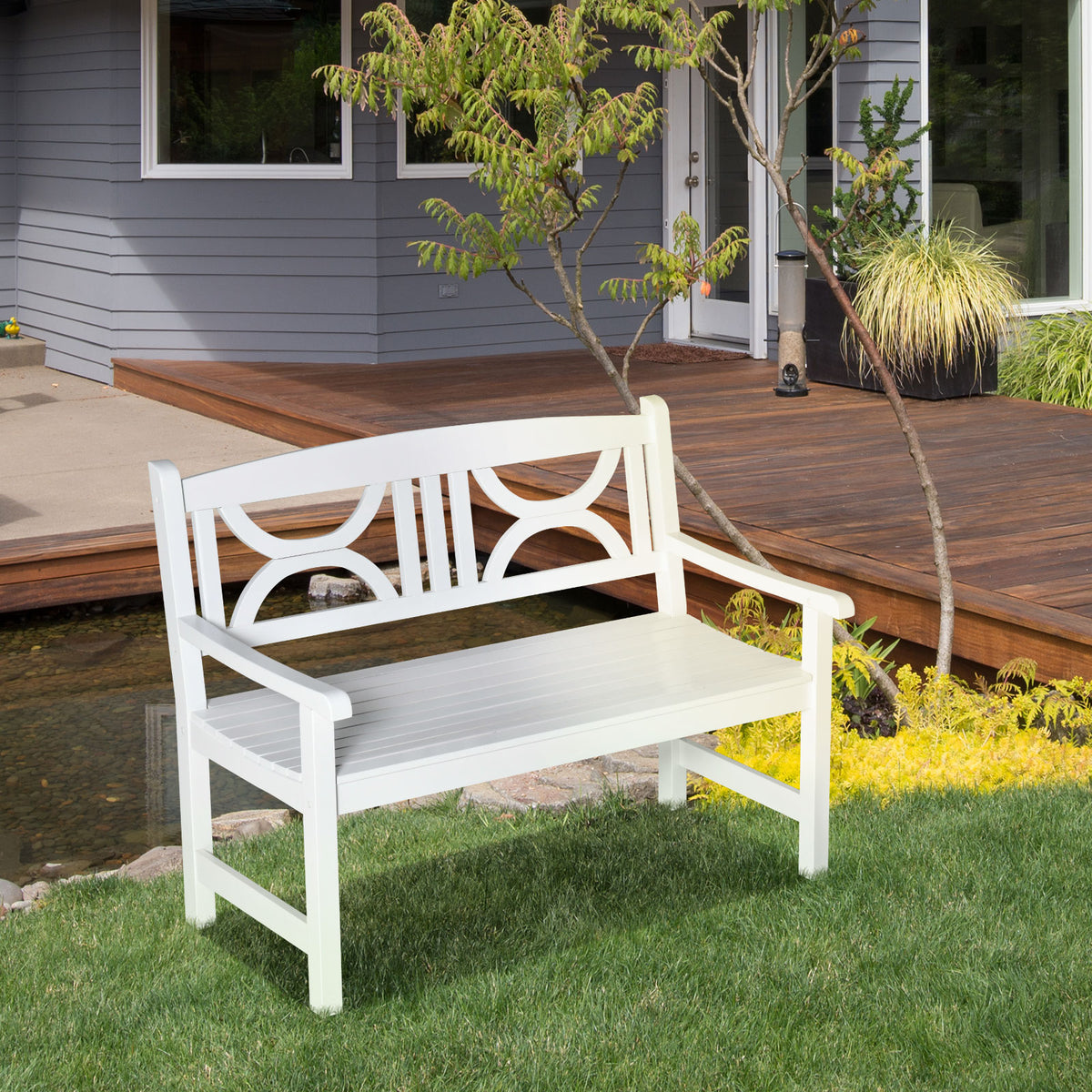 Banco de Madeira Exterior de 2 Lugares 123x61x89,5cm Banco de Jardim com Encosto Decorativo e Apoio para os Braços para Terraço Varanda Pátio Carga 250kg Branco — foto 2