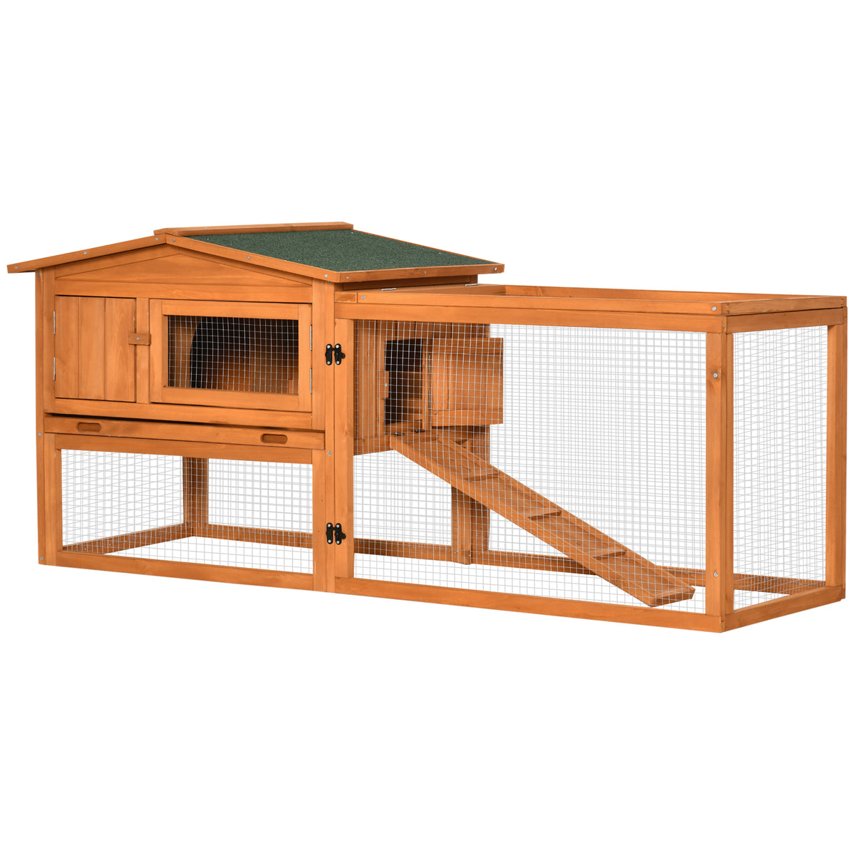 Coelheira de Madeira Exterior Gaiola para Coelhos de 2 Níveis com Teto Asfáltico 2 Áreas Cercadas Bandeja Removível 2 Portas Janela e Rampa 157,4x53x93,5cm Madeira Natural — foto 1