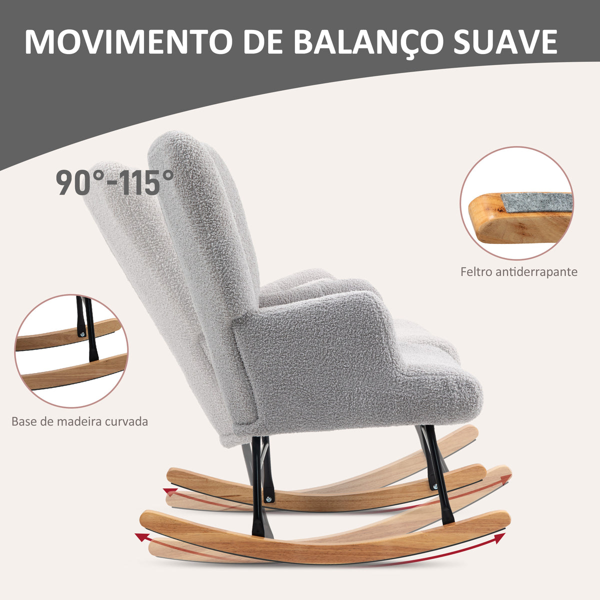 Poltrona Baloiço em Borrego Poltrona para Amamentação com Encosto Capitonê e Base de Madeira de Borracha Carga 120 kg Poltrona para Sala de Estar Dormitório 65x88x87 cm Cinza Claro — foto 4