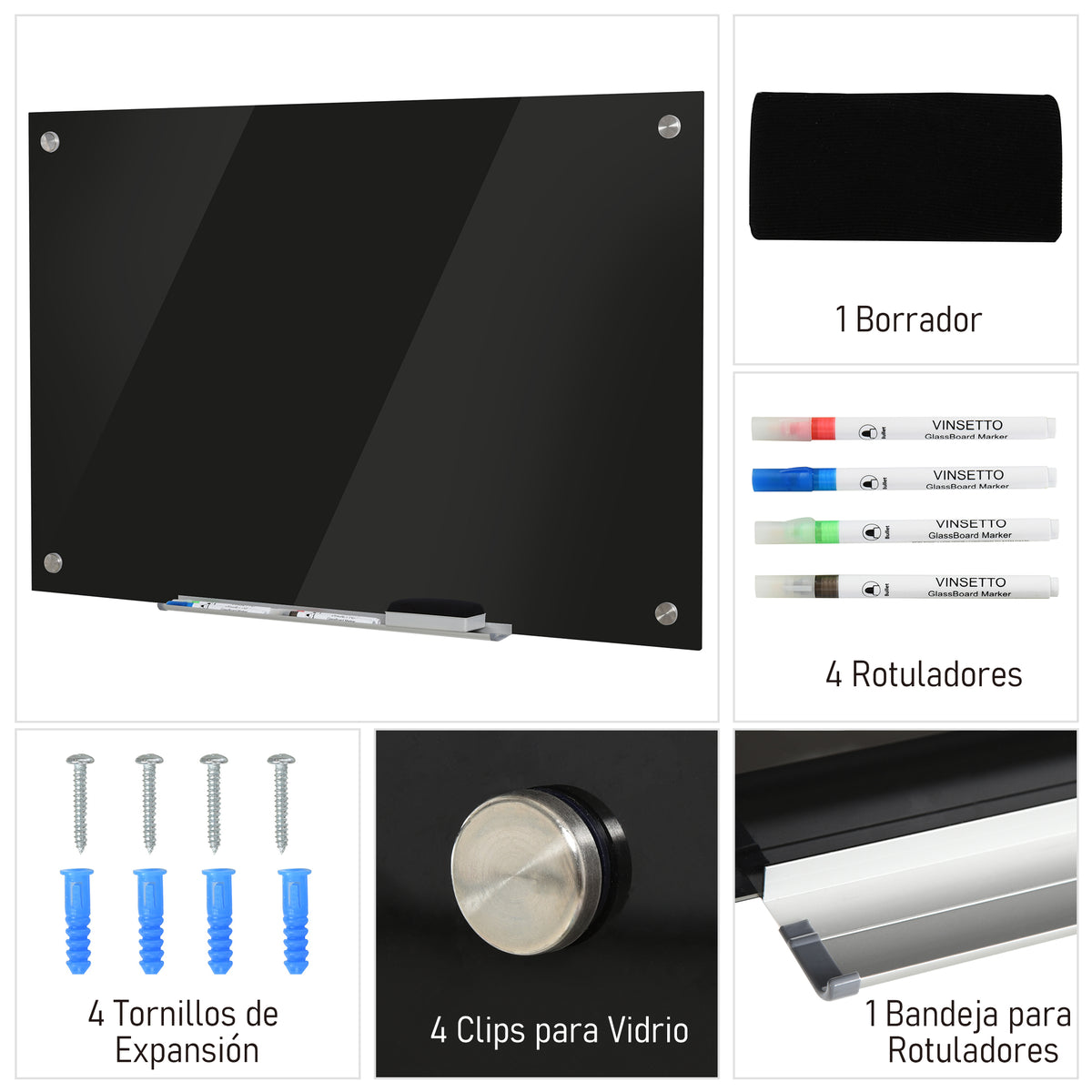 Placa de vidro magnético com bandeja Quadro de parede sem moldura Inclui 4 marcadores e borracha 90x60x0,45 cm Preto — foto 5