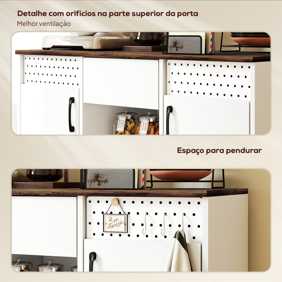 Aparador de 2 Portas com Orifícios Aparador de Sala com 2 Compartimentos e Gaveta Prateleiras Ajustáveis para Cozinha Entrada Dormitório 100x40x80 cm Branco e Castanho Rústico — foto 6