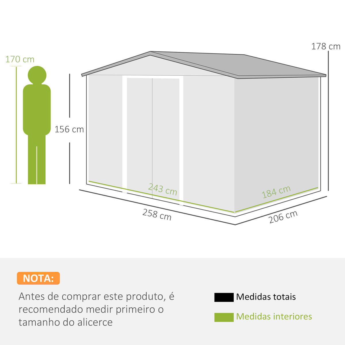 Abrigo de Jardim 258x206x178cm 5,3m² Abrigo de Aço Galvanizado com Portas de Correr e Ventilações para Armazenamento de Ferramentas Jardinagem Verde — foto 3