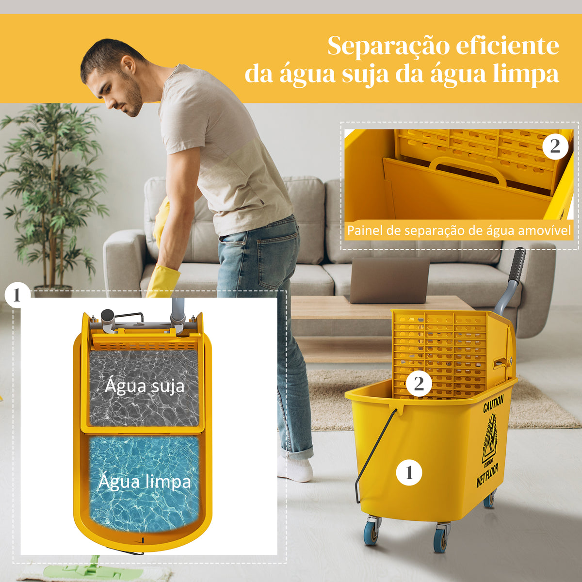 Balde de Limpeza com Esfregona e Rodas Capacidade de 20 L Balde de Limpeza com Sistema de Escurridor de Esfregona e Pega de Transporte para Doméstico e Comercial 45x26,5x70 cm Amarelo — foto 5