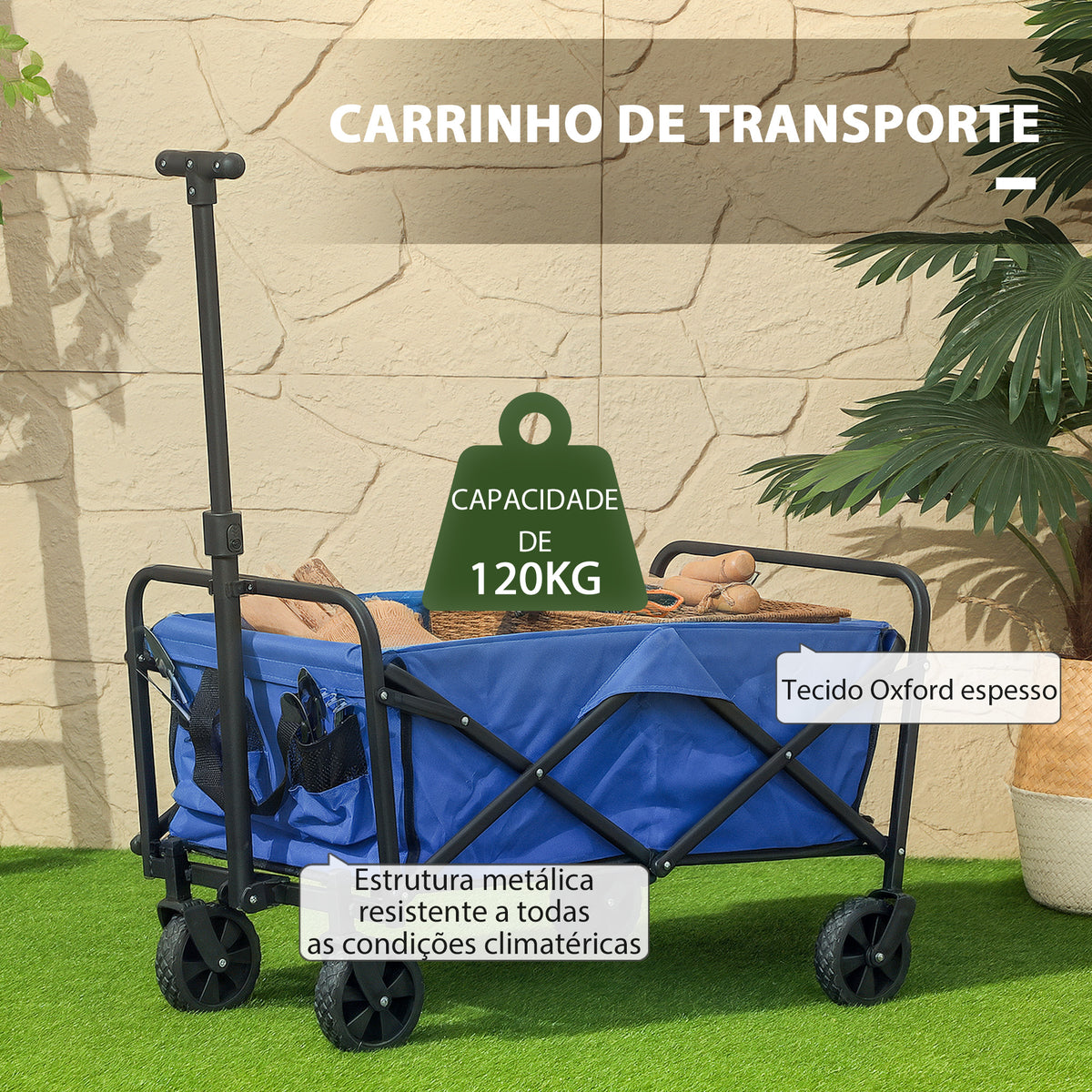 Carrinho de Transporte com Rodas Carrinho de Jardim Dobrável com Pega Telescópica Ajustável 2 Bolsas de Arrumação Carrinho de Praia Jardim Campismo Carga 120 kg 64x42x27 cm Azul — foto 5
